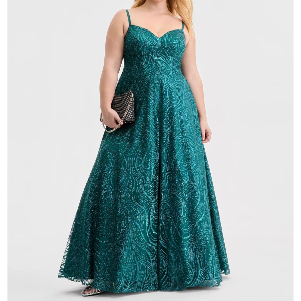 Say Yes Women's Green Trendy‎ Glitter V Neck Lined Mesh Zipper Gown Size 22W NWT